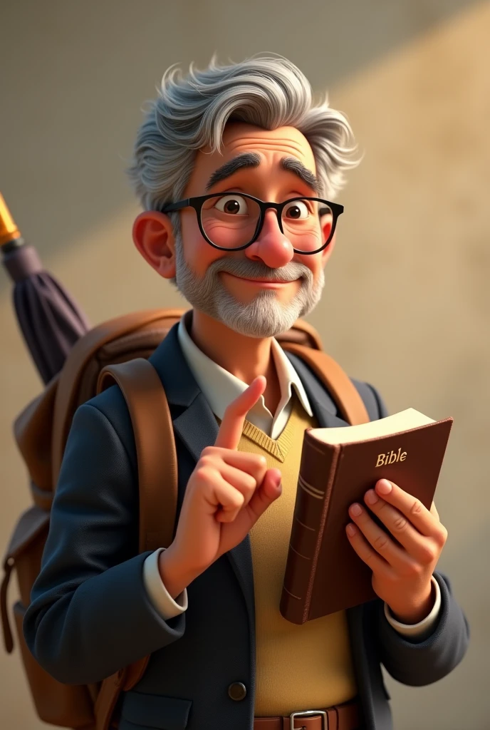 Create a Pixar-style image of a 63-year-old Latino man,brown skin, using reading glasses, gray curly hair, Side-parted hairstyle and formal dress, holding a bible in his left hand and pointing at the bible with his index finger of his right hand, smiling placidly, He doesn't have a beard or a moustache and looks clean shaven., In the book it should only say BIBLE,without images, He carries a backpack and an umbrella hanging from the same backpack