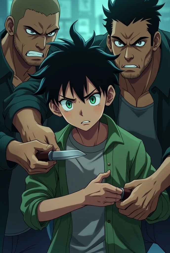 14 year old boy with black hair, green eyes is being kept hostage by some thugs, one of the thugs is holding him tight and put a knife on his neck anime
