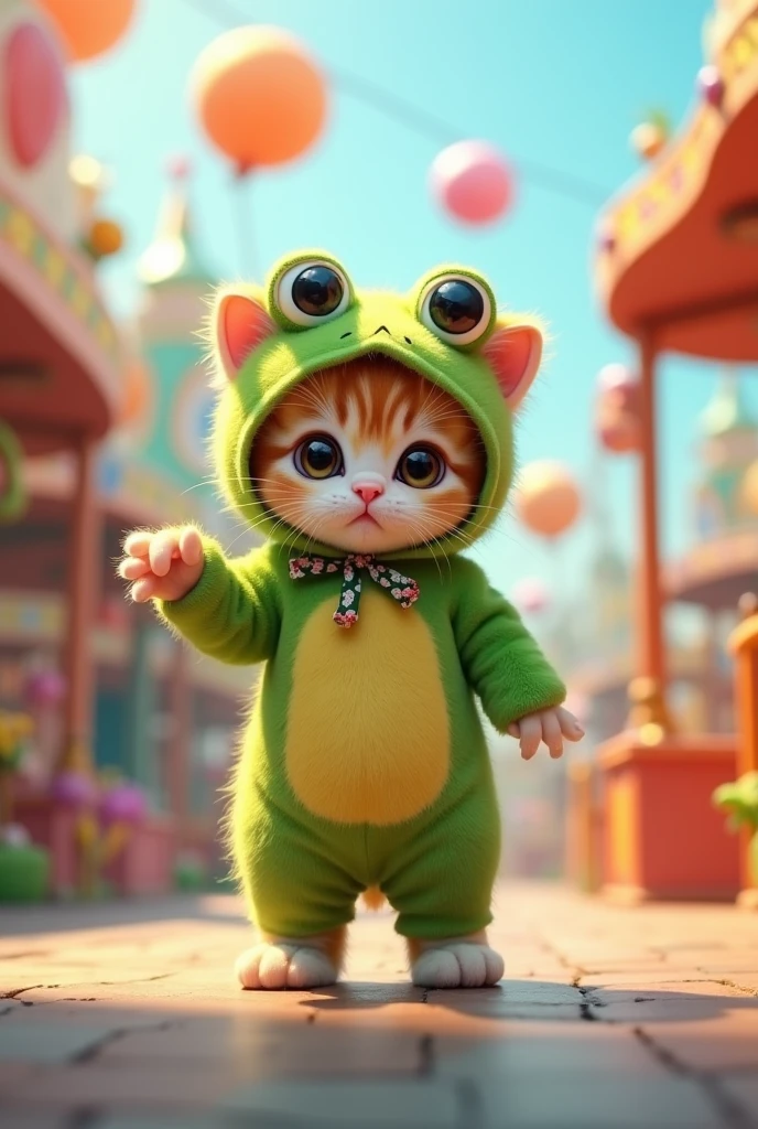 Tiny kitten standing on its hind legs The cutest kitten ever Adorable appearance!!!
Cute amusement park background He is wearing a dancing frog costume