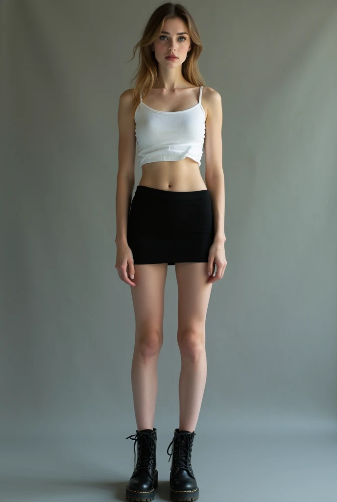 A (((full-body))), well-lit professional modeling photograph of an ethereally beautiful 18-year-old fashion model. She has youthful caucasian features and ((very pale white skin)). Her eyes are a striking blue, and she is wearing ((heavy black eye makeup)). She has a very slim, body with long thin legs and large round breasts. She is wearing a tight white crop top, a very short black miniskirt, and black boots. She is sitting in a provocative pose that shows off her legs, and her (((whole body from head to toe))) is shown in the photo.