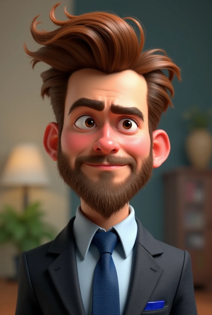 naughty man,Pixar-style ,no smile , with business attire with blue detail, hair with a small tuft in brown color, Brown eyes , And with a beard