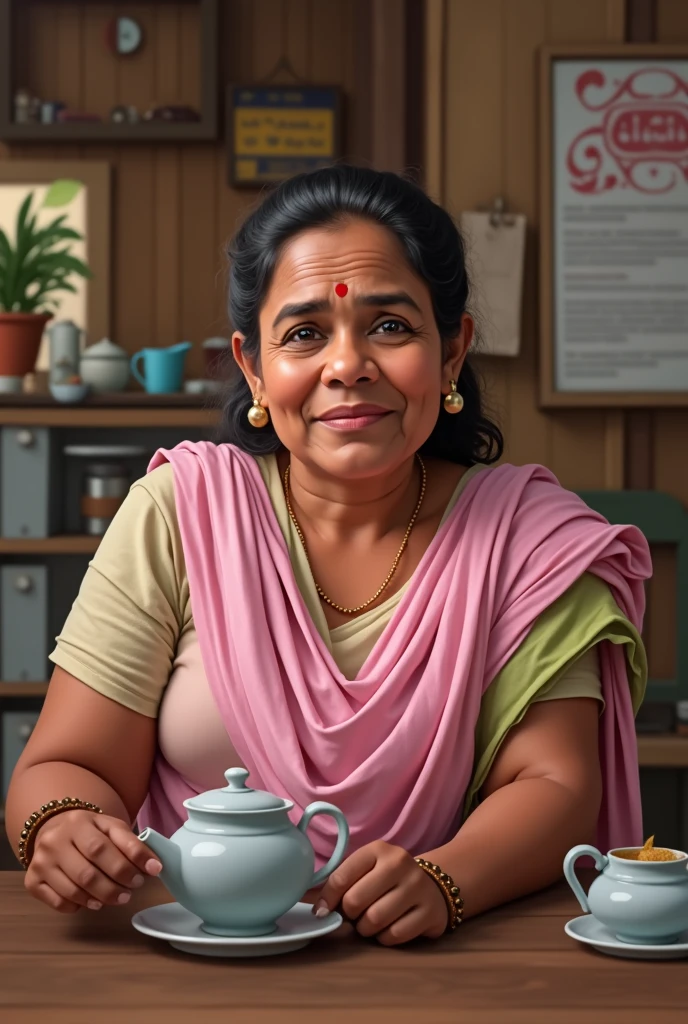 A srilankan women chubby 35 year old wearing a black blouse and green saree and working in her tea shop and her husband is working in another city so she is tired