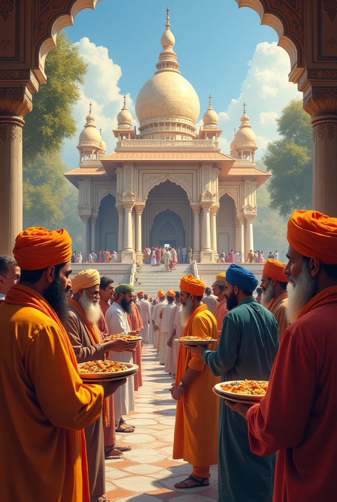 (realism) Sikh temple with people distributing food