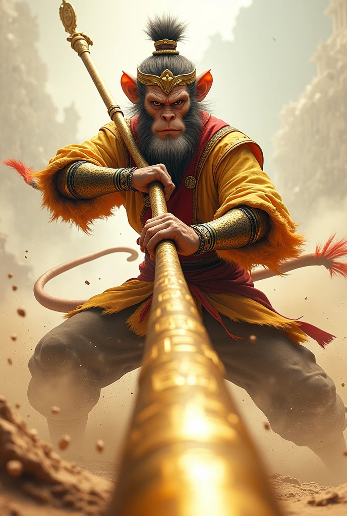 Create a dynamic and cinematic image of Sun Wukong, the Monkey King, holding his magical staff, Ruyi Jingu Bang, extended towards the foreground, as depicted in the sketch. The staff is enormously elongated, making Sun Wukong appear smaller in the background due to the dramatic perspective. The staff itself is intricately detailed, featuring golden engravings, ancient symbols, and a polished finish that catches the light. Sun Wukong, adorned with his golden crown and elaborate accessories, strikes a powerful pose with both hands gripping the staff. His fiery, determined expression is visible as he forcefully strikes the staff against the ground, causing a burst of sand and dust to swirl into the air. The scene captures the raw power and energy of the legendary Monkey King in action.