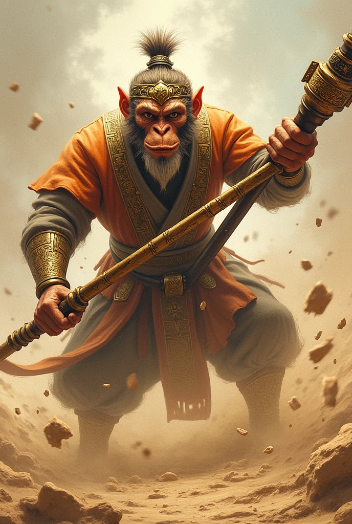 Create a dynamic and cinematic image of Sun Wukong, the Monkey King, holding his magical staff, Ruyi Jingu Bang, extended towards the foreground, as depicted in the sketch. The staff is enormously elongated, making Sun Wukong appear smaller in the background due to the dramatic perspective. The staff itself is intricately detailed, featuring golden engravings, ancient symbols, and a polished finish that catches the light. Sun Wukong, adorned with his golden crown and elaborate accessories, strikes a powerful pose with both hands gripping the staff. His fiery, determined expression is visible as he forcefully strikes the staff against the ground, causing a burst of sand and dust to swirl into the air. The scene captures the raw power and energy of the legendary Monkey King in action.