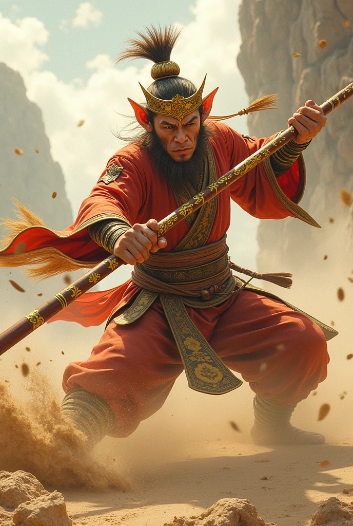 Create a dynamic and cinematic image of Sun Wukong, the Monkey King, holding his magical staff, Ruyi Jingu Bang, extended towards the foreground, as depicted in the sketch. The staff is enormously elongated, making Sun Wukong appear smaller in the background due to the dramatic perspective. The staff itself is intricately detailed, featuring golden engravings, ancient symbols, and a polished finish that catches the light. Sun Wukong, adorned with his golden crown and elaborate accessories, strikes a powerful pose with both hands gripping the staff. His fiery, determined expression is visible as he forcefully strikes the staff against the ground, causing a burst of sand and dust to swirl into the air. The scene captures the raw power and energy of the legendary Monkey King in action.
