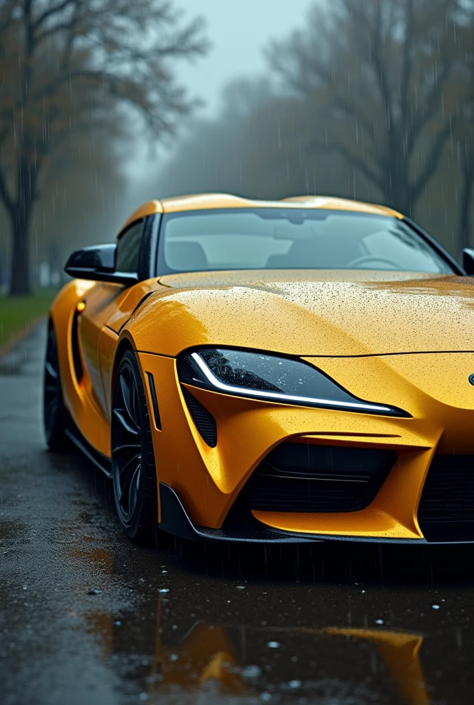 Supra Toyota in rain day gold 
color
