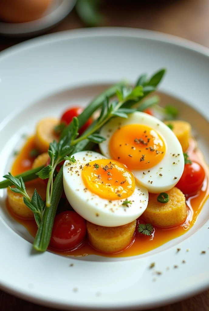 Ang nice, simple and clear plating of an egg dish. Mind the starch, protein, sauces, vegetables, and garnishes. Take note of the height, width of the food components
