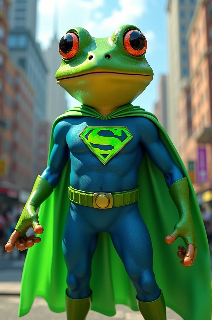 Super Frog has a vibrant appearance with bright green skin and large, expressive eyes.. He wears a blue and green outfit with a frog symbol on his chest.. The costume is equipped with a cape that glows in a shade of green reminiscent of the shine of a jewel.. He also wears a mask to protect his identity..