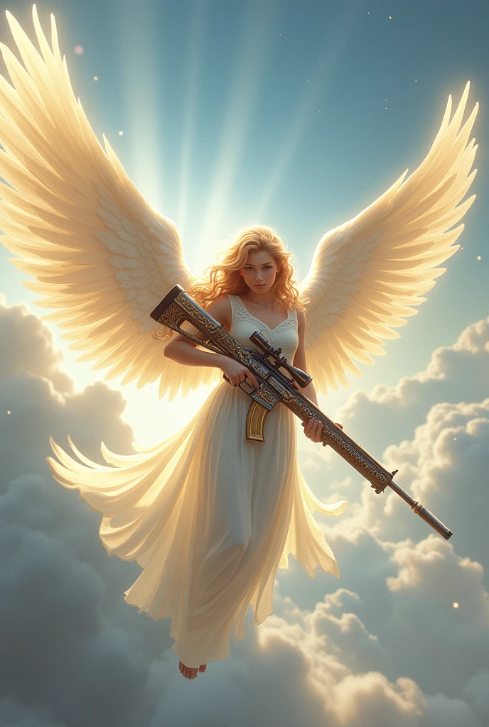 Create for me an illustration of a flying angel, holding a rifle