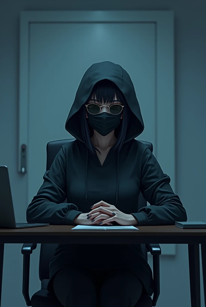 female business charácter with a fase mask, hoodie and sunglasses, she is anime styled looking. She is sitting behind his work desk in his room at night. She is front facing to the camera and centered room style is minimalist.8k resolution.