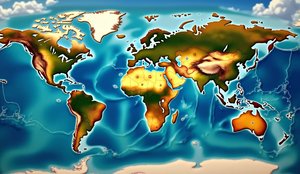 The world map features five distinct continents, each with unique landscapes and characteristics. Eldoria, the largest continent, is centrally located and bordered by vast oceans to the east and west. It boasts diverse terrain, including grasslands, forests, deserts, and snow-capped mountains. To the southwest is Zephyra, a medium-sized continent surrounded by ocean, known for its coastal vistas, tropical islands, and rainforests. Drakoria, the smallest continent, lies in the northernmost region, isolated by icy seas and rugged mountains, with a landscape dominated by snow and glaciers. Southeast of Eldoria is Sylvanys, a vast land with endless savannas, dense jungles, and winding rivers, characterized by its tropical climate. Finally, Arcanum, northeast of Eldoria, is enveloped in mystical fogs and enchanted forests, known for its magical landscapes and ancient ruins. These continents are interconnected by oceans and seas, each contributing to the rich and diverse geography of this fantastical world.