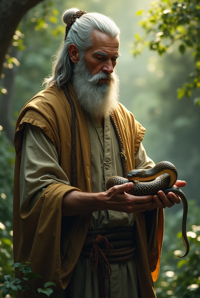 The wise man gently but firmly removes the snake from his garden. The snake is coiled in his hand, its fangs exposed, but the man’s expression is calm and determined, knowing this is necessary for the garden’s health.