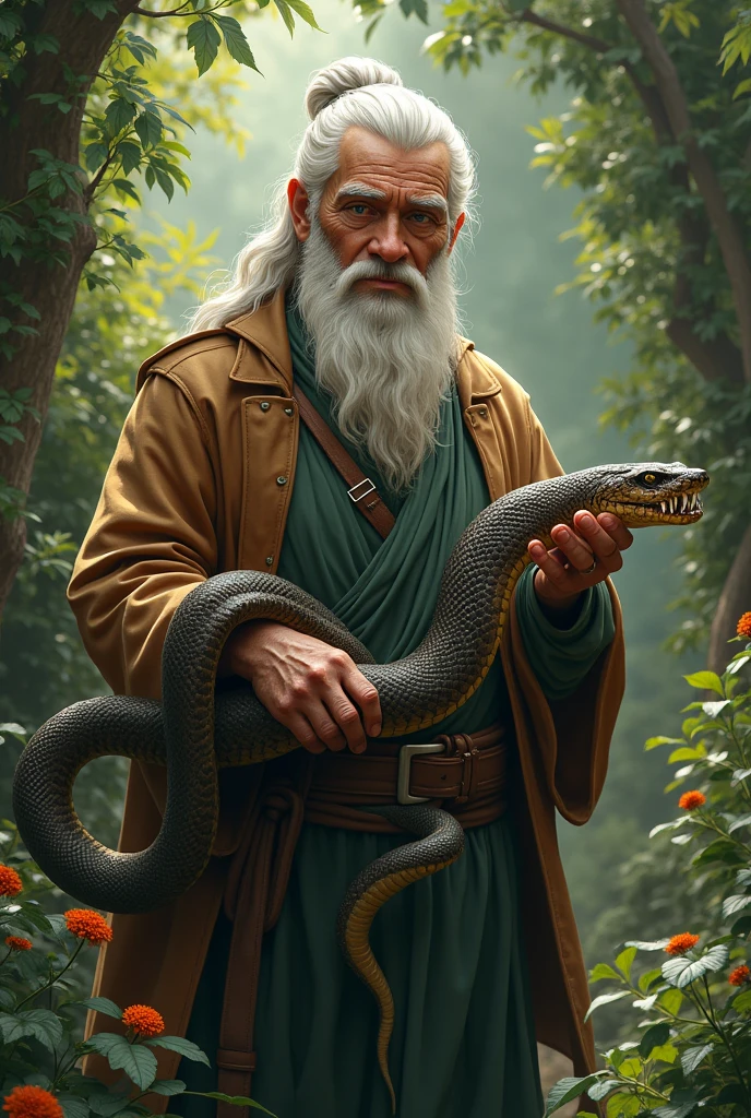 The wise man gently but firmly removes the snake from his garden. The snake is coiled in his hand, its fangs exposed, but the man’s expression is calm and determined, knowing this is necessary for the garden’s health.
