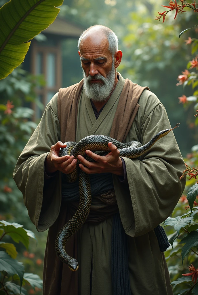 The wise man gently but firmly removes the snake from his garden. The snake is coiled in his hand, its fangs exposed, but the man’s expression is calm and determined, knowing this is necessary for the garden’s health.