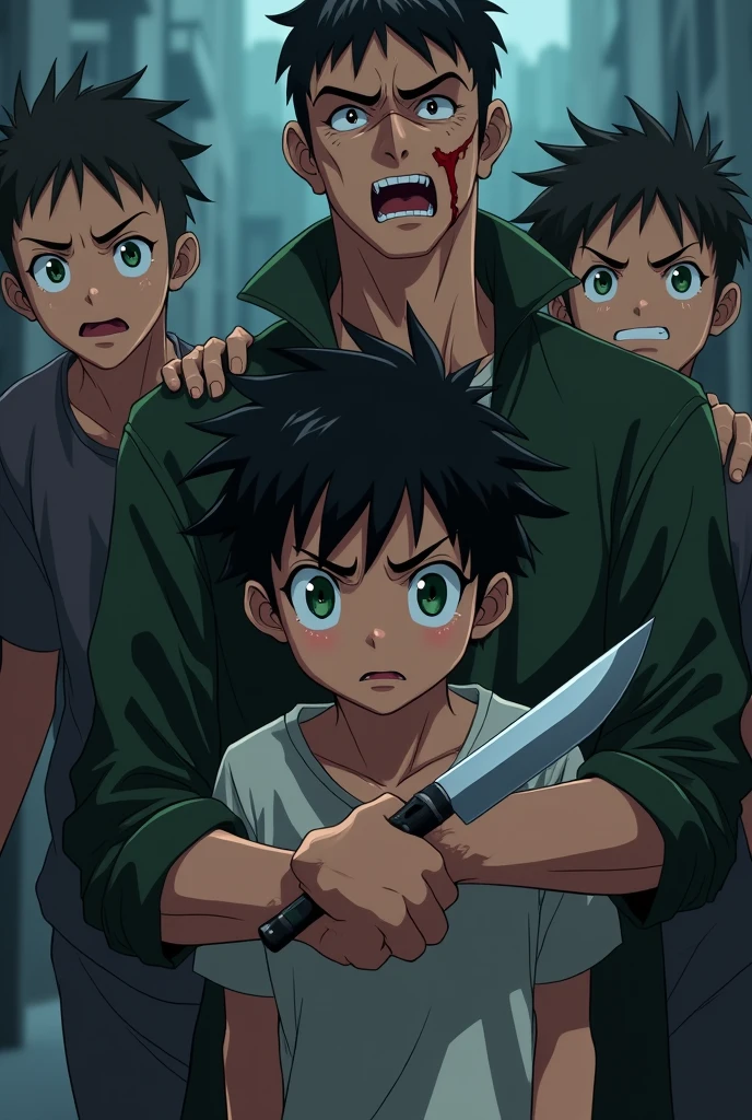 14 year old boy with black hair, green eyes is being kept hostage by some thugs, one of the thugs is holding him tight and put a knife on his neck anime