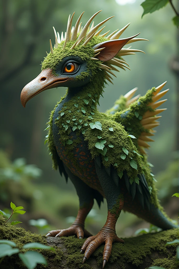 I would like you to create a picture of a fantasy animal with a duck neck., an eagle's beak and talons, des ailes de chauve-souris. His head is decorated with spikes like a hedgehog. Elle a deux pattes et deux ailes. She has a short tail like bats.. The creation is covered with ivy, moss and lichen.