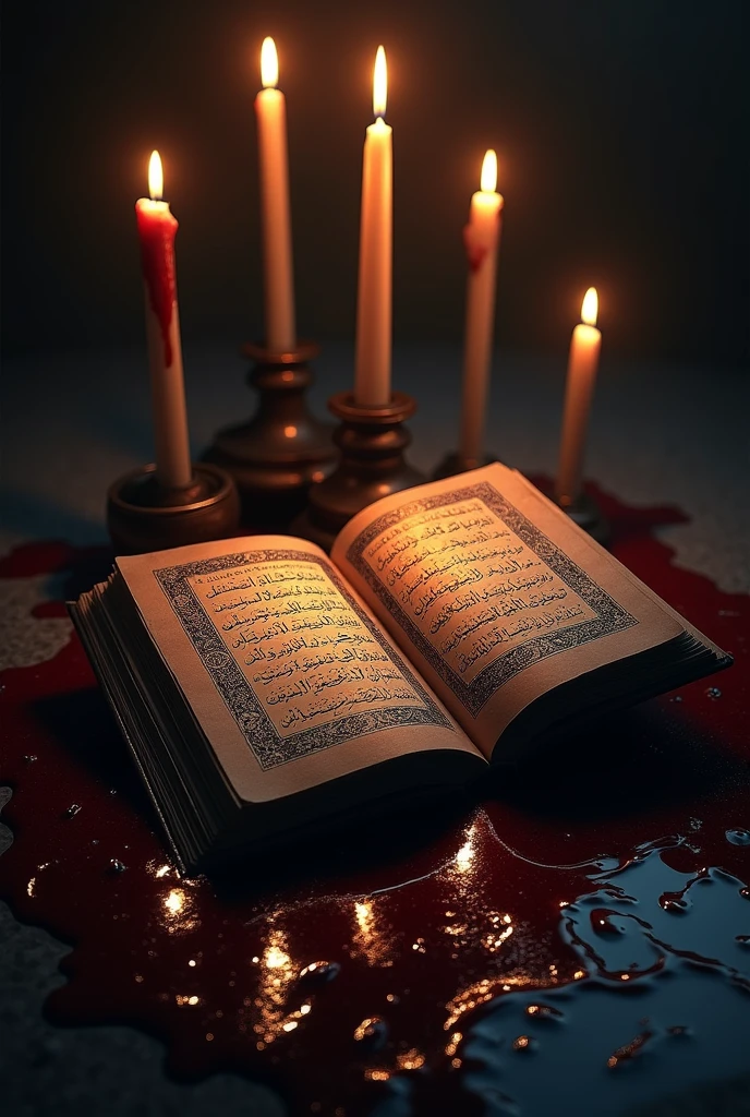 The image shows an open book with Arabic writing on the pages, which is a Quran, lying in a pool of what appears to be blood. The background is dark and moody, enhancing the dramatic effect of the scene. Above the book, there are several lit candles casting shadows that add to the ominous atmosphere.