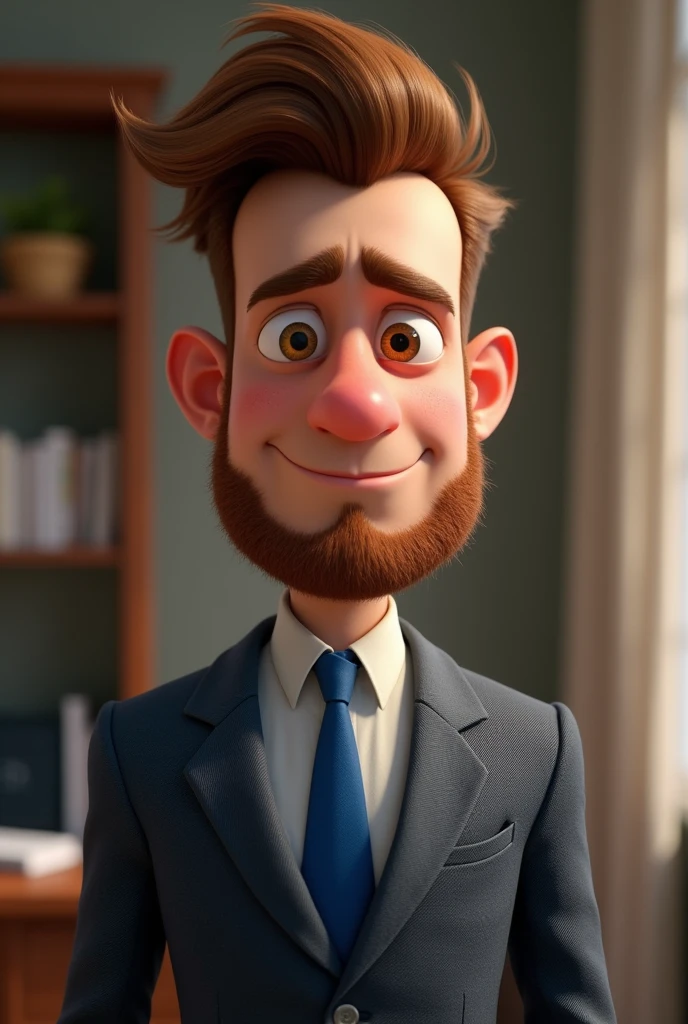 naughty man,Pixar-style ,no smile , with business attire with blue detail, hair with a small tuft in brown color, Brown eyes , And with a beard 