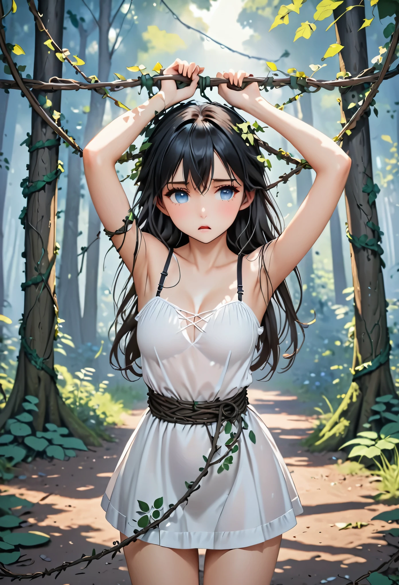 ((masterpiece)), ((best quality)), (ultra-detailed),((in the forest)),a cute girl, 1girl, solo, (white mini camisoledress),(vines bound arms), ((arms up)), BDSM,restrained,((thin waist)),(((vines strongly squeezing her waist))),beautiful black hair, beautiful black eyes, (beautiful eyes), long hair,troubled expression