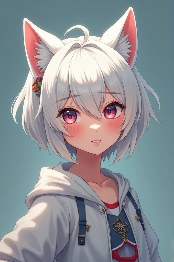 White haired girl with wolf cut hair, and cheerful, friendly and unique 
