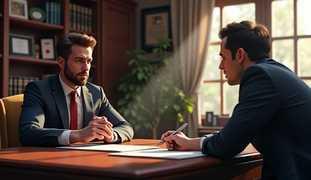 create an image of a lawyer negotiating with a client against a background of his office in 16x9 format