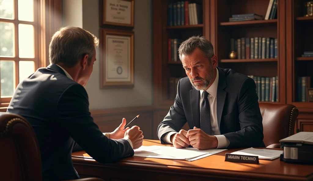 create an image of a lawyer negotiating with a client against a background of his office in 16x9 format