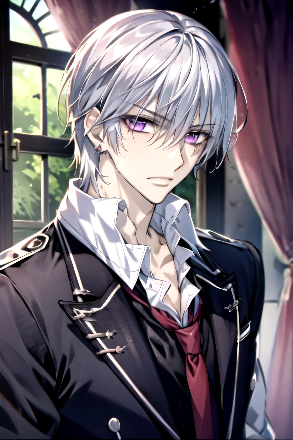 (absurdres, highres, ultra detailed, HDR), masterpiece, best quality, 1boy, solo, male focus, looking at viewer, upper body, depth of field, anime coloring, , zero_kiryuu, grey hair, purple eyes, finely eye and detailed face, window, purple curtains, black uniform, vampire knight, arms behind back, solid crimson background, (arms behind back), 