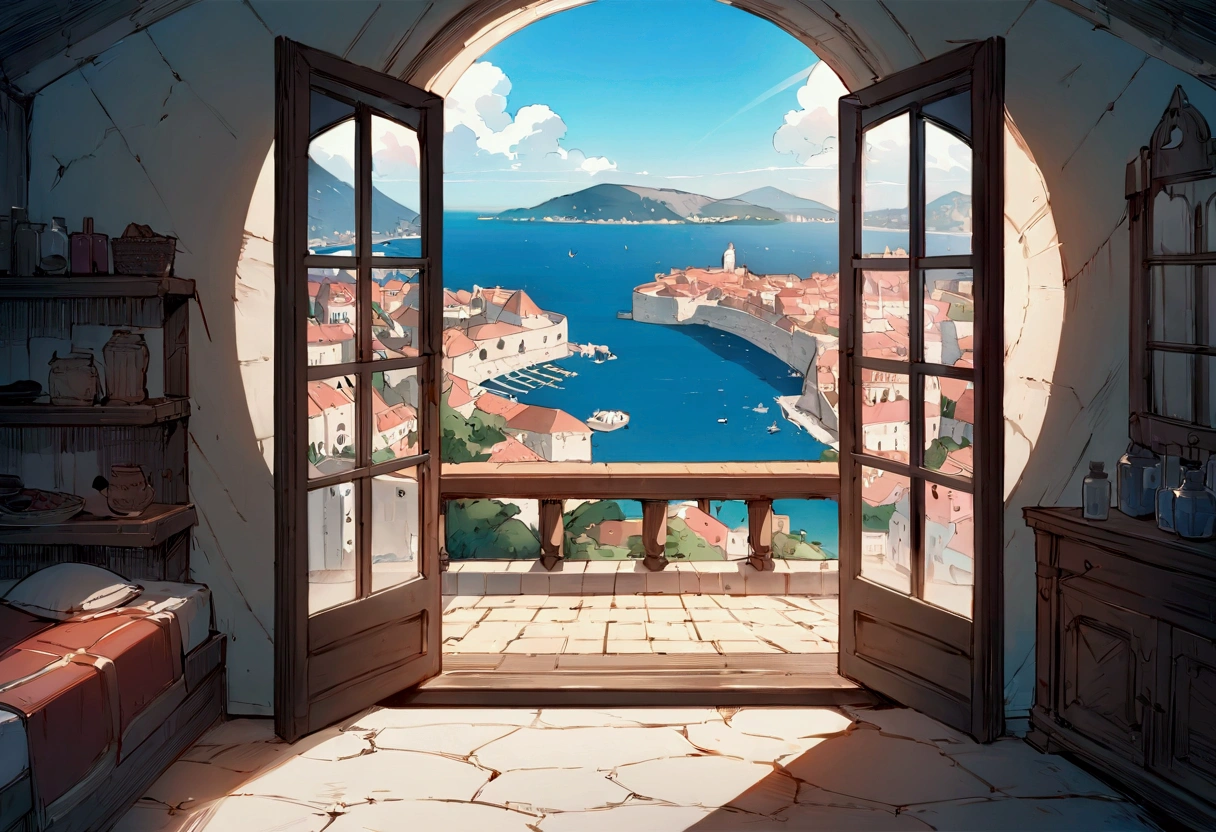 ((((masterpiece, Highest quality, High resolution)))), Attention to detail, manga,anime,Illustration Style,Use of bright colors, Fantasy world of medieval Europe,Bedroom, Sophisticated interior,The cityscape of Dubrovnik,The sea and cityscape as seen from the window of a house on a high platform,No humans,High position,The cityscape and seascape spread out below., RPG-like scenery, The sky is bright blue、Fluffy white clouds floating, And the sun is shining brightly, Creates a magical, comfortable atmosphere, Bright daytime atmosphere.Sunlight is shining through the window、