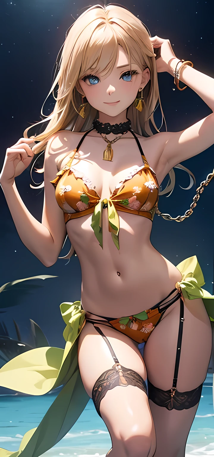 masterpiece,Ultra-high resolution、Highest quality、Sexy pose、Dimly lit bar background at night、blonde、Tie your hair back:1.2, blue eyes, smile、Tilt your head、Large gemstone earrings and chokers:1.5,、Chain belt、Spread your legs、Model walking、Small breasts、The body is very slim、skinny、Super tight waist、Thin thighs、Cowboy Shot、 Orange and green floral frilled bikini、Ribbon Garter:1.4