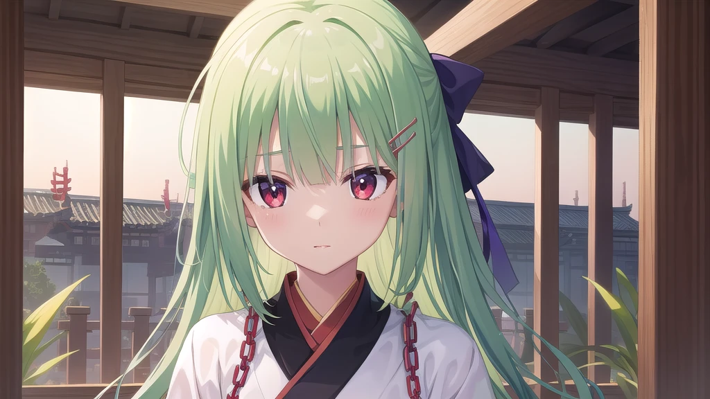 ((masterpiece)),(best quality),Official Art,Extremely detailed CG,Unity 8K wallpaper,Very detailed,Beautiful and delicate eyes,Extremely detailed face,1 girl,solitary,,(whole body:1.5),(small:1.3),Murasame,Very long hair,Green Hair,Face Up,Purple bow,hairpin,Side chains,Bangs,Red Eyes,Neck strap,Red belt,Chinese elegant style,Long-sleeved white hanfu,Dawn breaks in Jiangnan after the rain,Sky blue waiting for misty rain