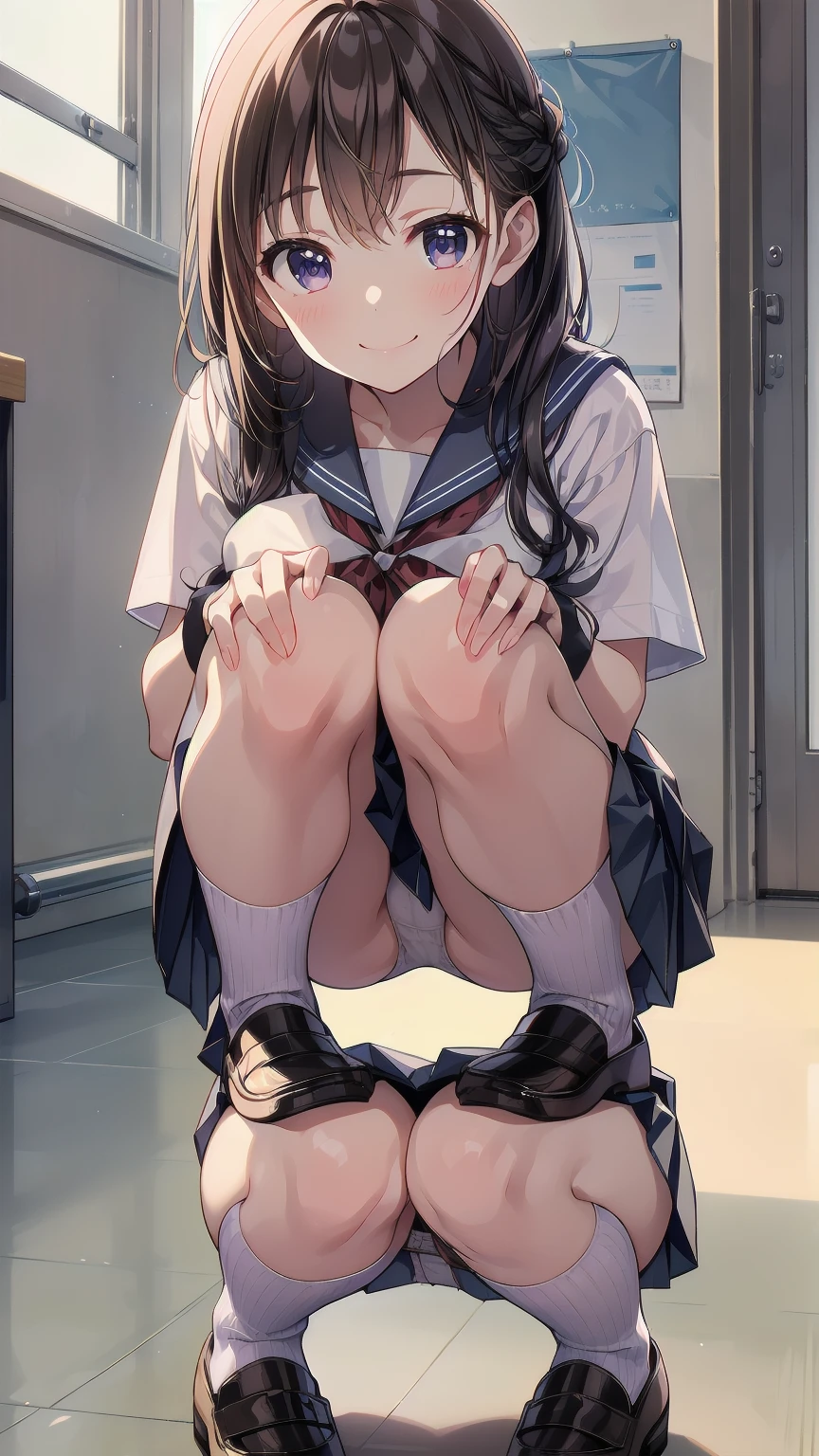 (msfw:1.4), (Realistic, photo Realistic:1.2), ((Highest quality)), Shift the center of gravity backwards, Quite embarrassing, White panties, (Showing panties:1.4),Tight Skirt, (Panty shot:1.3), (Roll up your skirt:1.3), (Squat:1.4), (Spreading pussy:1.2), Place your heels on the ground, Please spread your legs a little, Squat with your knees up, Attach your butt to the ground, Black Penny Loafers, Beautiful facial details, Real human skin, Gentle expression, Front view, angle From below, Realistic, photoRealistic, cute, Short skirt, Squat deep on school grounds, cute school girl, Semi-long hair, Lustrous brown hair, Braided hair, Japanese school girl uniform, Sailor suit, whole body, smile, 自然なsmile, cutesmile, 魅惑的なsmile, (Looking at the audience:1.2), from before, From below,