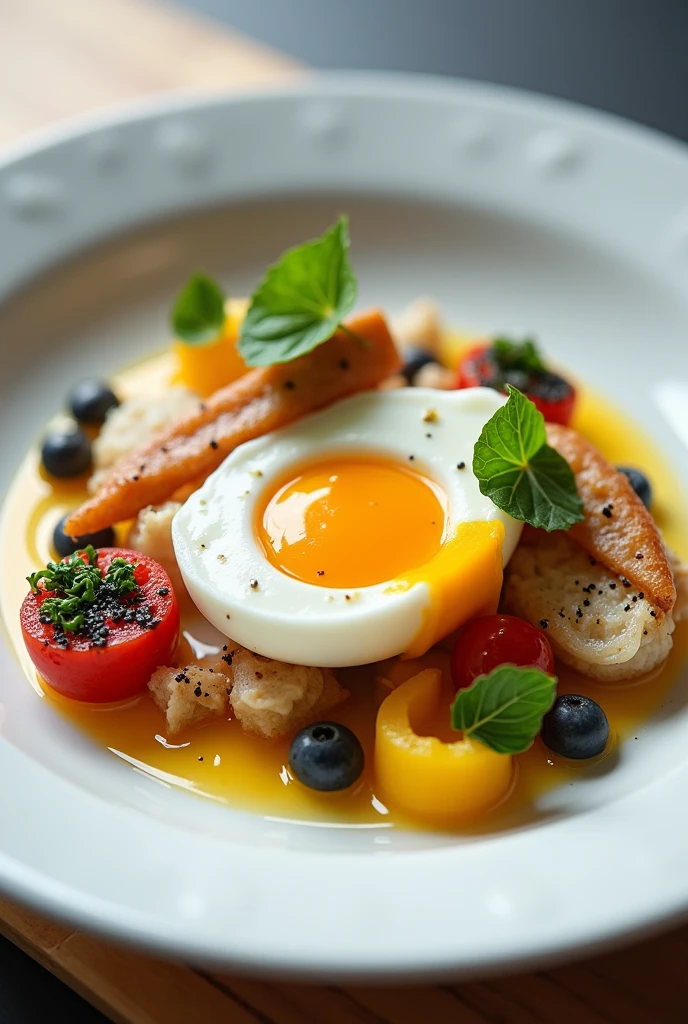 Ang nice, simple and clear plating of an egg dish. Mind the starch, protein, sauces, vegetables, and garnishes. Take note of the height, width of the food components