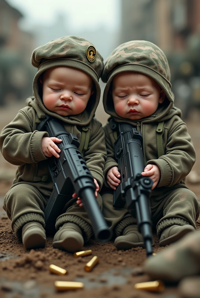 Two camouflaged newborns wearing berets holding 60mm machine guns in real life situations in a realistic full body style.