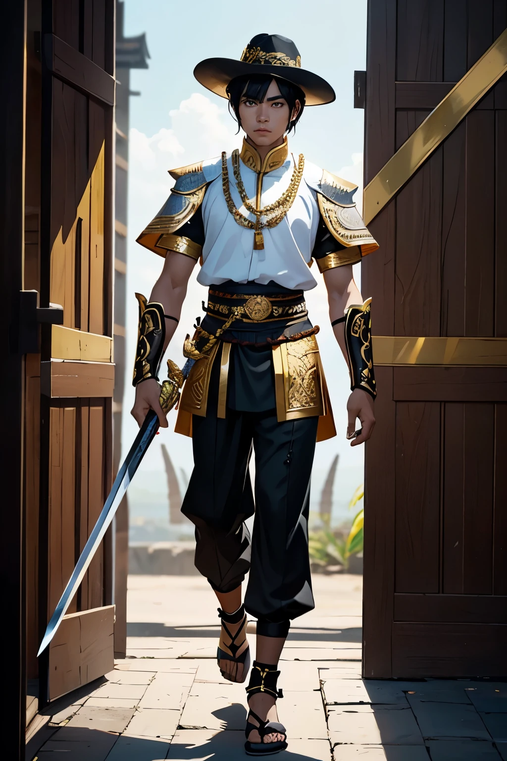 His Majesty is black, Male characters,black hair,Black eyebrows,Wearing Thai armor in black, yellow and white and holding a Thai sword.,Wear Thai warrior pants,shoe,short hair,Wear a Thai hat,high,Thai Ayutthaya style,