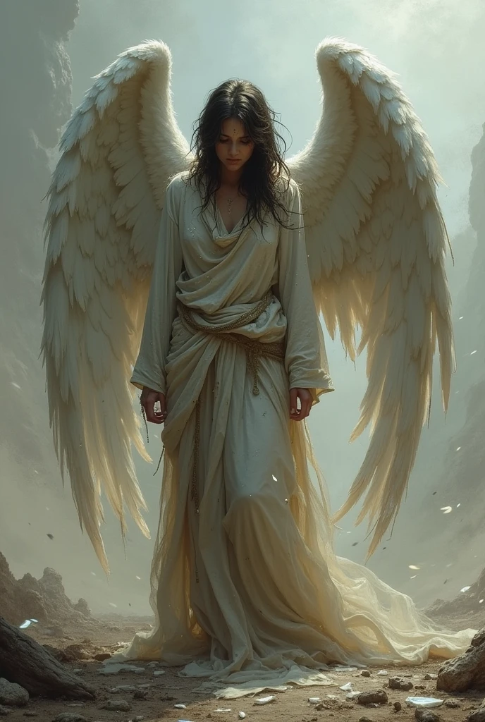 A fallen angel with a disheveled and tired appearance