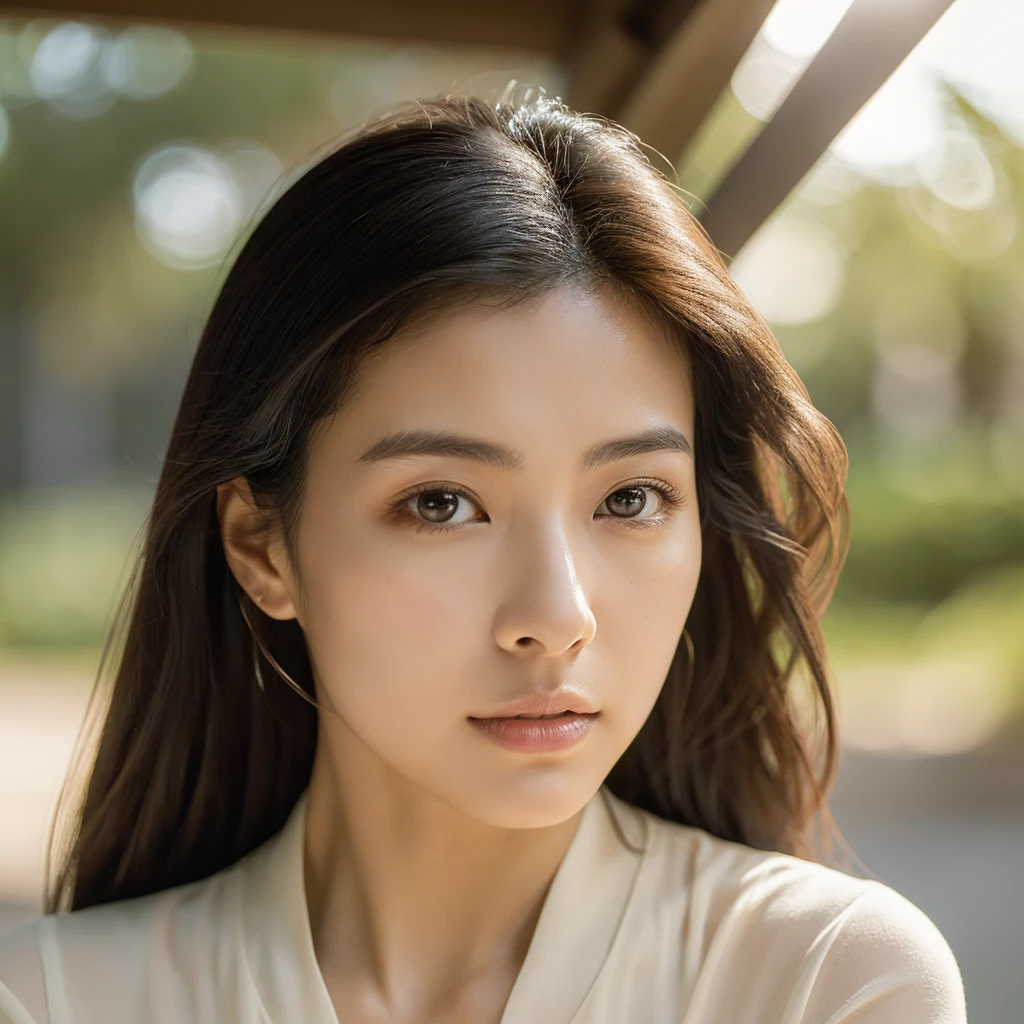 A hyper-realistic image of a single Japanese woman in her early 20s, so lifelike that she could be mistaken for a real person. Her skin has a warm beige tone with a natural, slightly rough texture that includes visible pores, fine lines, and subtle imperfections such as small blemishes, adding to the authenticity of her appearance. The natural light softly illuminates her, creating gentle, diffused shadows that enhance the realism without smoothing out her natural features. Her straight, glossy black hair frames her face in a natural, slightly tousled manner, and her deep brown eyes reflect the ambient light, adding depth and emotion. She is dressed simply, in a way that complements her natural beauty, with the overall composition designed to evoke a sense of genuine, understated elegance. The use of natural light, combined with the deliberately rougher texture of her skin, ensures that this image captures the imperfections that make her beauty truly lifelike, focusing solely on this one individual.