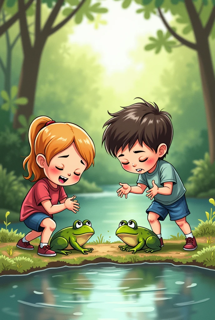 Drawing of two children doing rude things to two frogs