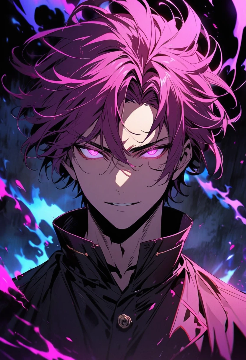 male, solo, handsome, magenta hair, magenta eyes, glowing eyes, aura, high detail, beautiful color, beautiful background