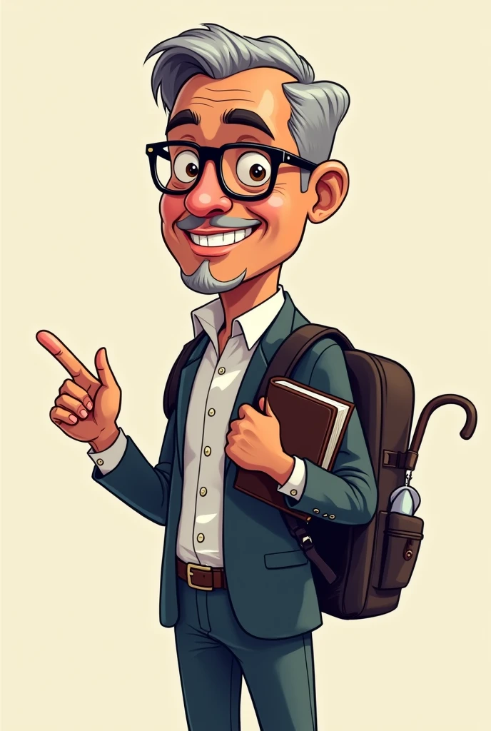 Create a cartoon style image of a 63 year old Latino man,brown skin, using reading glasses, gray curly hair, Side-parted hairstyle and formal dress, holding a bible in his left hand and pointing at the bible with his index finger of his right hand, smiling placidly, He doesn't have a beard or a moustache and looks clean shaven., In the book it should only say BIBLE,without images, He carries a backpack and an umbrella hanging from the same backpack