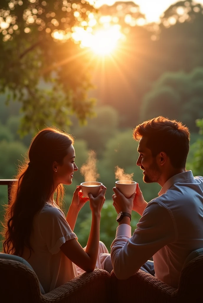 As the sun rises over the forest, a couple sits on their villa terrace, sipping on warm coffee and basking in the soft morning light. The serene expressions on their faces are a reflection of the peaceful surroundings. Use a 50mm lens to capture the intimate moment and enhance the warm tones of the scene.