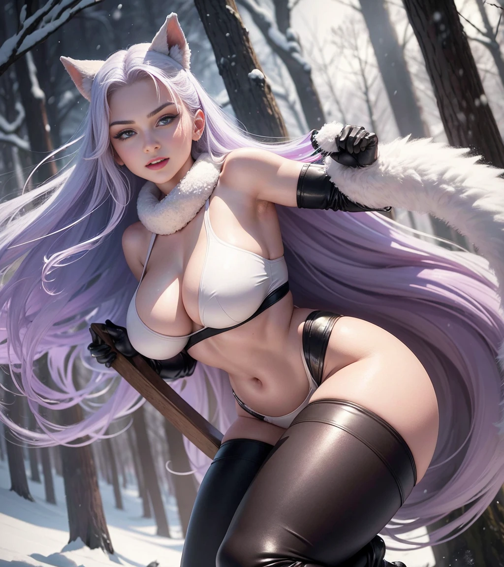 (best qualityer, 4K, Masterpiece artwork :1.3), one pretty woman, A hyper-realistic, (big teats, attractive body: 1.2), Face ultra detailed, detailed lips, open neckline, (shining skin: 1.2), form breasts, best qualityer, ((complete body, including legs)), photo of a beautiful (evil smile) 25 year old Anglo-Saxon, with LONG, white, flowing hair, violet eyes, ((SHARP JAW)) with happy , shapely thighs, space between thighs, big elastic ass, white fur, bare skin, (Leather tights: 1.2), fur-trim, Leather boots, Leather gloves, lying on the right side to the viewer, na neve, giorno, snow covered forests, snow-capped mountains in the background, camel toe, STAND UP, standing, SEMINUA, STANDING UP, sexy panties