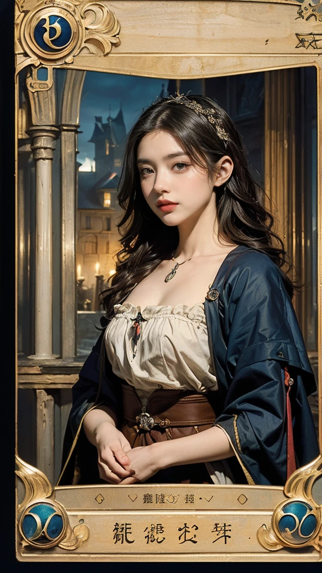 Highest quality、masterpiece、タロットcard、Balance scale、(Morgan Greer Tarot:1.2)、Retro art style、Thick outline、English text、Roman numerals、card、(Fit the frame properly:1.2)、(タロットcard風の枠:1.5)、((Medieval Europe、theater、Beautiful actress:1.5))