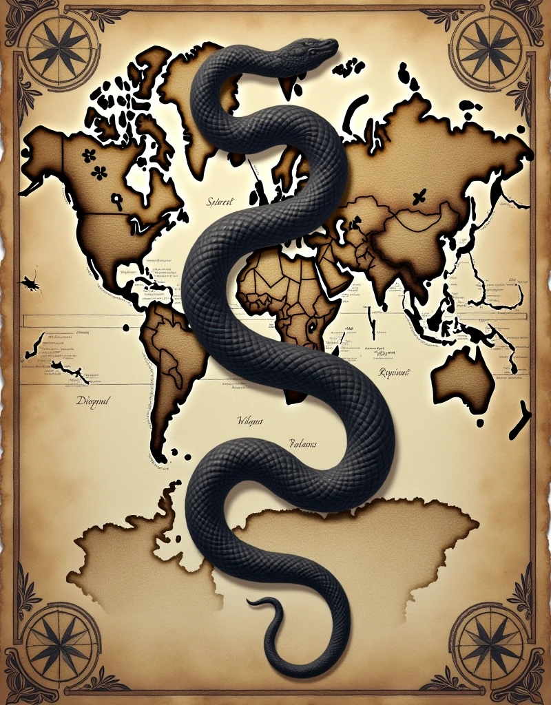 An ancient world map is displayed, featuring a depiction of a Black Mamba snake. The map shows intricate details with old-world cartography elements, and the Black Mamba is illustrated in a stylized manner, highlighting its presence in historical context.