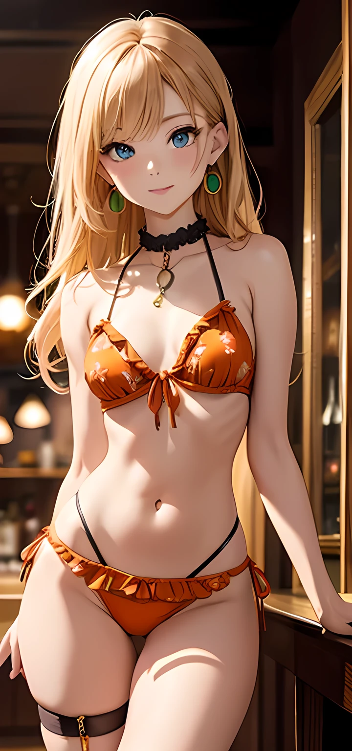 masterpiece,Ultra-high resolution、Highest quality、Sexy pose、Dimly lit bar background at night、blonde、Tie your hair back:1.2, blue eyes, smile、Tilt your head、Large gemstone earrings and chokers:1.5,、Chain belt、Spread your legs、Model walking、Small breasts、The body is very slim、skinny、Super tight waist、Thin thighs、Cowboy Shot、 Orange and green floral frilled bikini、Ribbon Garter:1.4
