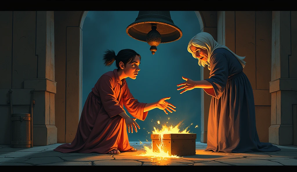 Ramu is trying to open the rotten box placed under the bell. Greed and curiosity are evident on his face. As he approaches the ark, his hand begins to glow slightly, and his body undergoes a strange transformation. Ramu's hand is close to the box, and behind him the old woman looks at him with frightened eyes."