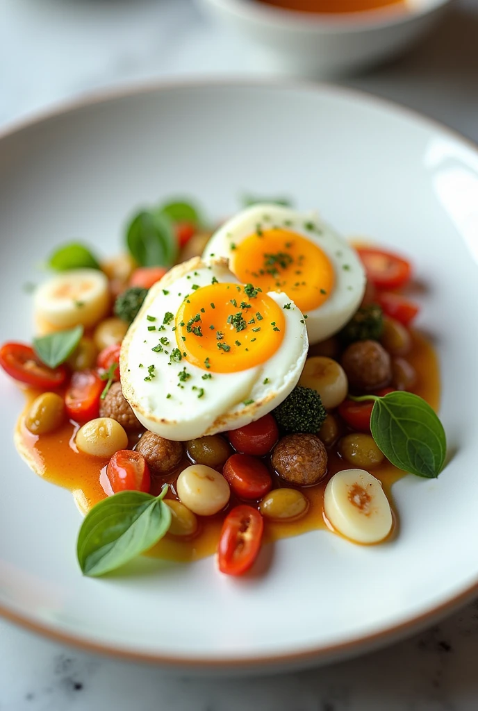 Ang nice, simple and clear plating of an egg dish. Mind the starch, protein, sauces, vegetables, and garnishes. Take note of the height, width of the food components