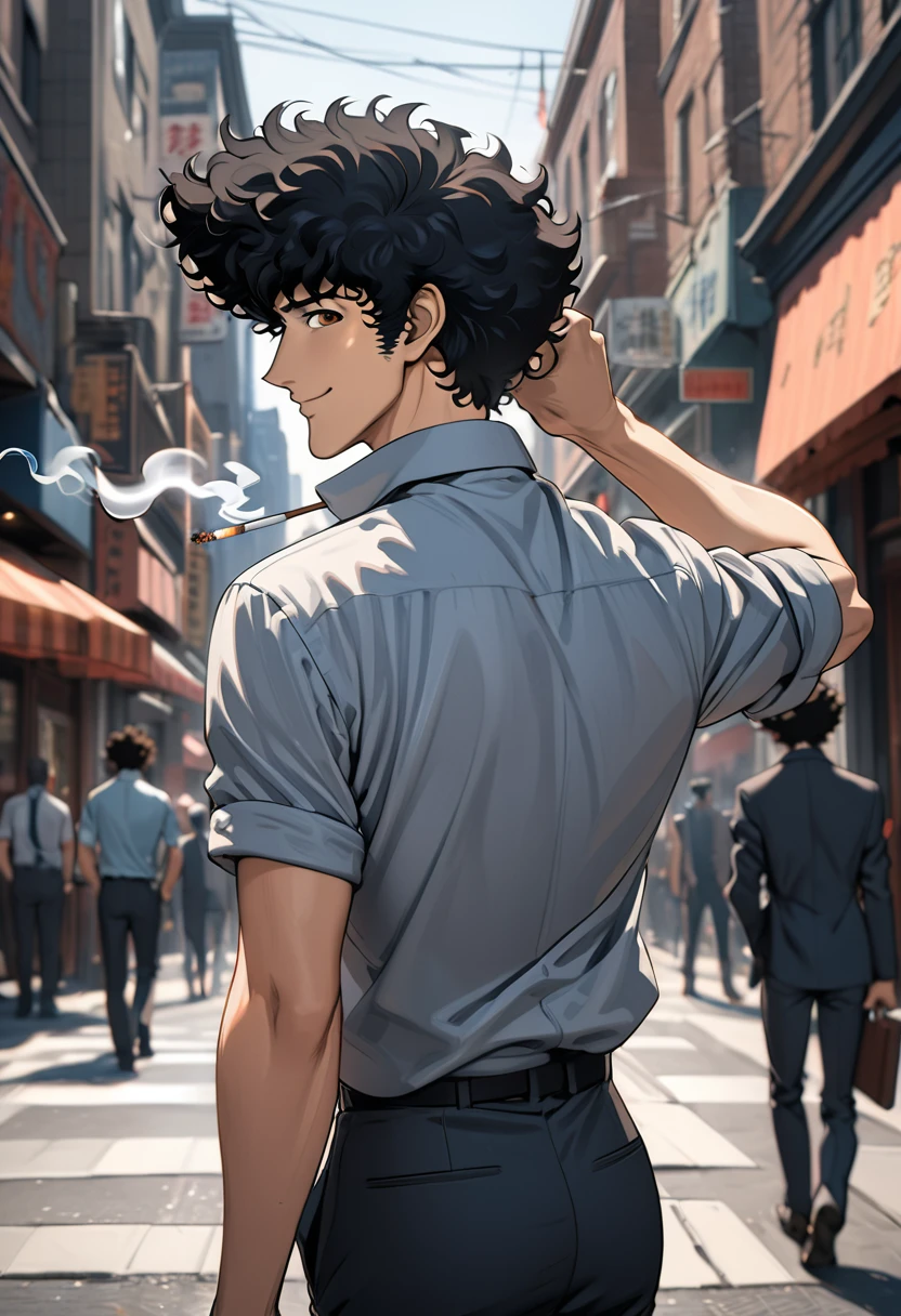 Black pencil sketch,Thin line drawing,Spike Spiegel,brown eyes, smile,black hair,1boy,Walking the streets of downtown smoking a cigarette,Back shot, turning around to look at the viewer, scratching her hair, smiling,Masterpiece, best quality, 4k. Ultra detail,Pencil Blurred effect,