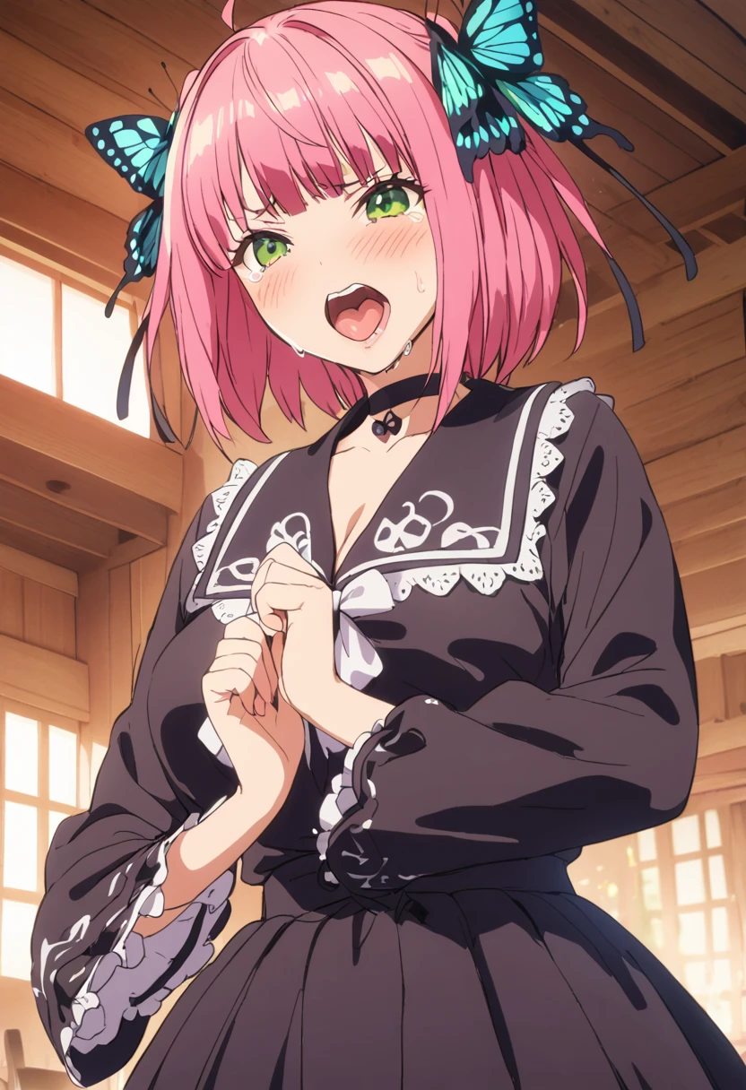 (Highest quality, 4K, 8k, High resolution, masterpiece:1.2), Very detailed, Picturesque, Animated Photography, Photo Animation:1.37)、Japanese schoolgirl、(Pink Hair)、(short hair)、(butterfly hair)、Black choker、storehouse、Fold your hands behind your body、Ecstasy face、Gothic ta Clothing、Sweat、Are crying、vapor、trembling、Nakano Nino