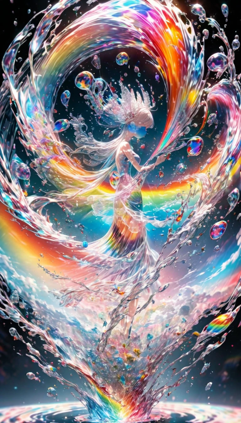Shining in rainbow colors、Super detailed, 8k, Rainbow Glass, Iridescent水ガラスの中の水, Rainbow Bubble, Right blue water, nice, bright,16K, Ultra-high resolution, Ultra-high resolution, to be born,wonderful ,future、Iridescent、The world 30 years from now